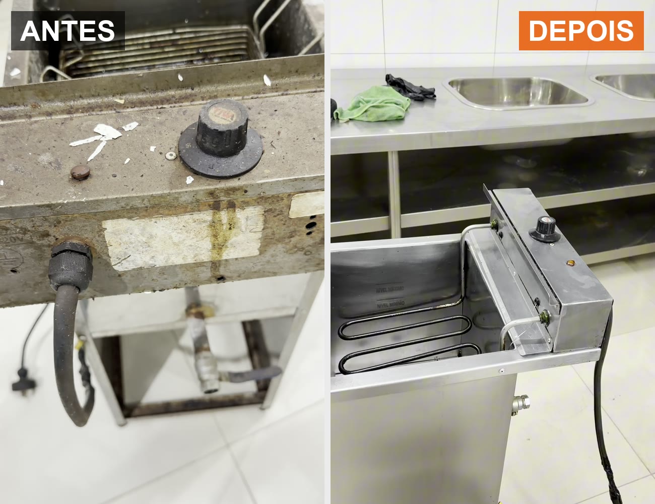 Fritadeira industrial antes e depois do DE'RET — de encardida de gordura para aço brilhando