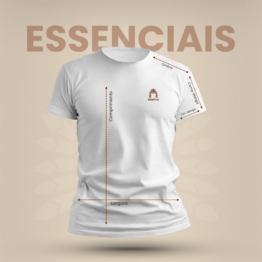 Guia de medidas das camisetas Essenciais Arapuá, indicando ombro, largura, comprimento e manga