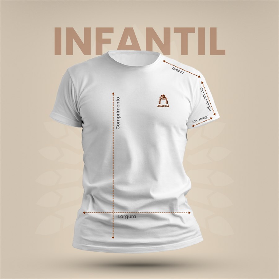Guia de medidas das camisetas Infantil Arapuá, indicando ombro, largura, comprimento e manga
