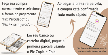 Gráfico instrucional mostrando como utilizar o método de pagamento Pix Parcelado no Brasil. Apresenta quatro telas de smartphone ilustrando cada etapa: selecionar 'Pix Parcelado' ou 'Pix 4x sem juros' no checkout, pagar a primeira parcela via Pix Copia e Cola, confirmar a compra após o pagamento e receber lembretes das próximas parcelas. Setas e textos curtos orientam o usuário ao longo do processo.