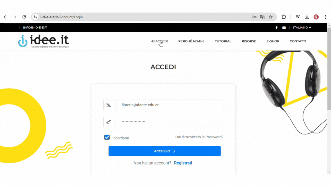 Ingresu su e-mail y contraseña y haga click en Accesso