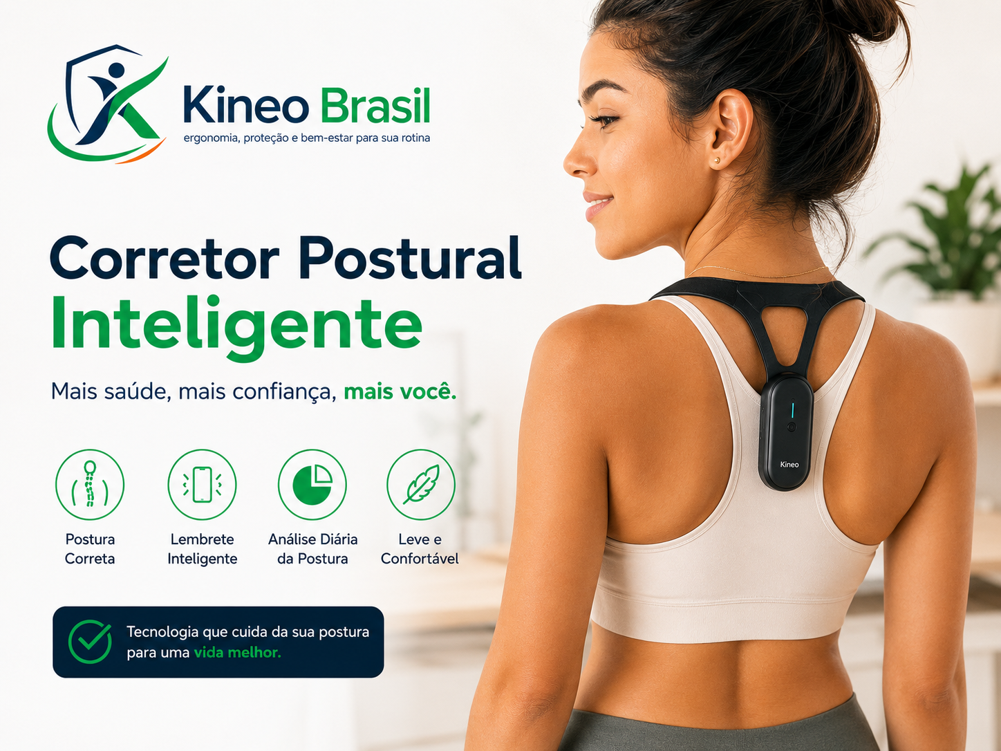 Mulher com dor nas costas e corretor postural Hipee Posture Coach ao lado