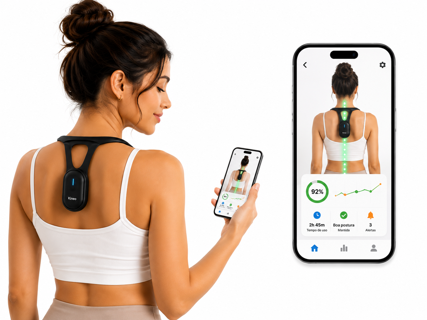 Mulher usando corretor Hipee Posture Coach e visualizando dados no aplicativo