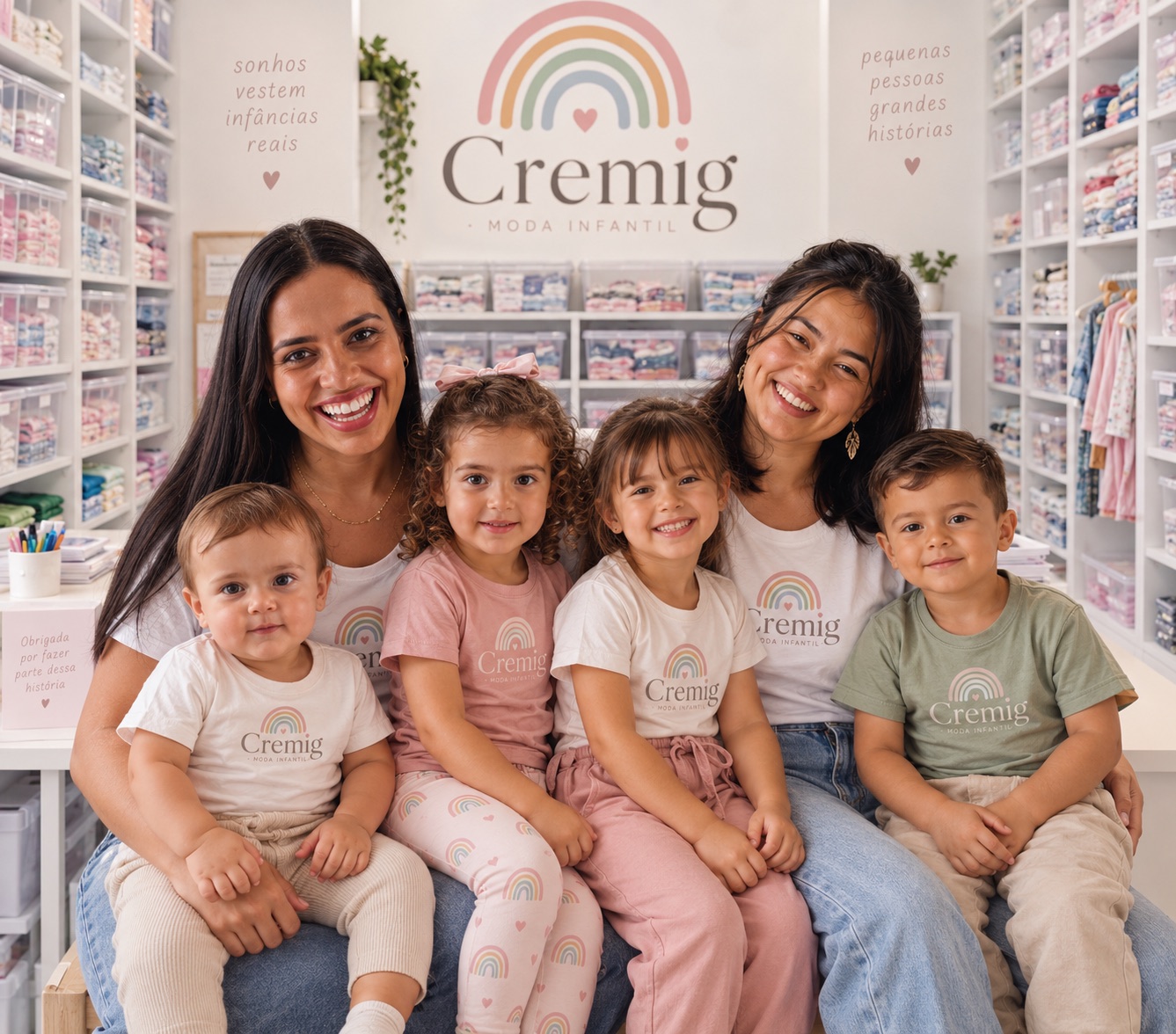 As sócias da Cremig com crianças, no espaço de estoque da loja