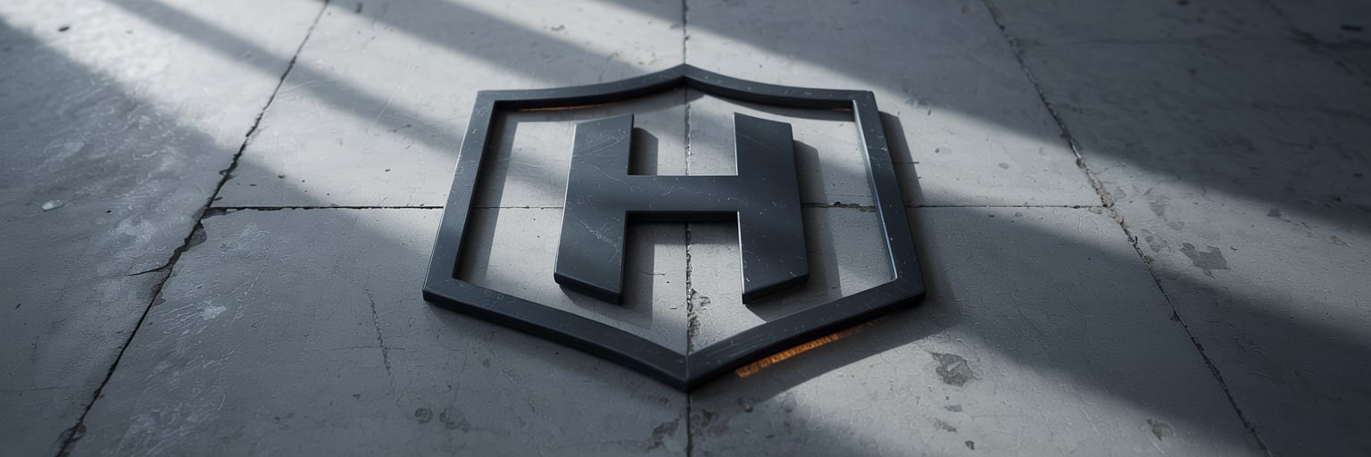 Símbolo H estilizado HUZZLE em linguagem de escudo e estrada