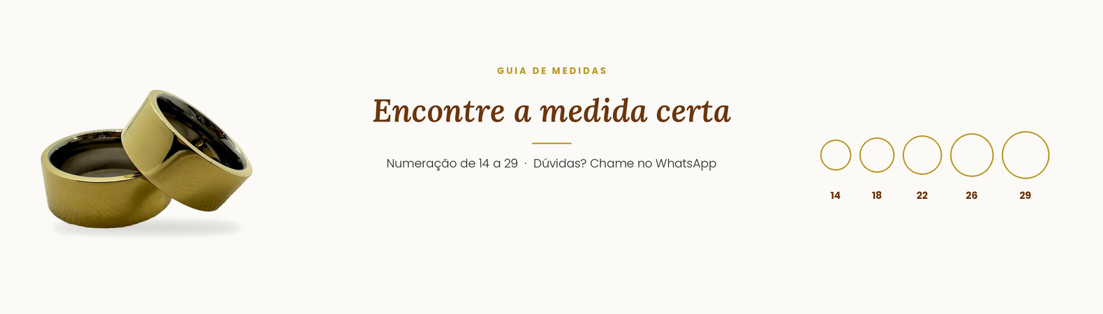 Guia de medidas Biju Mania: encontre a medida certa da sua aliança de moeda antiga, com numeração de 14 a 29
