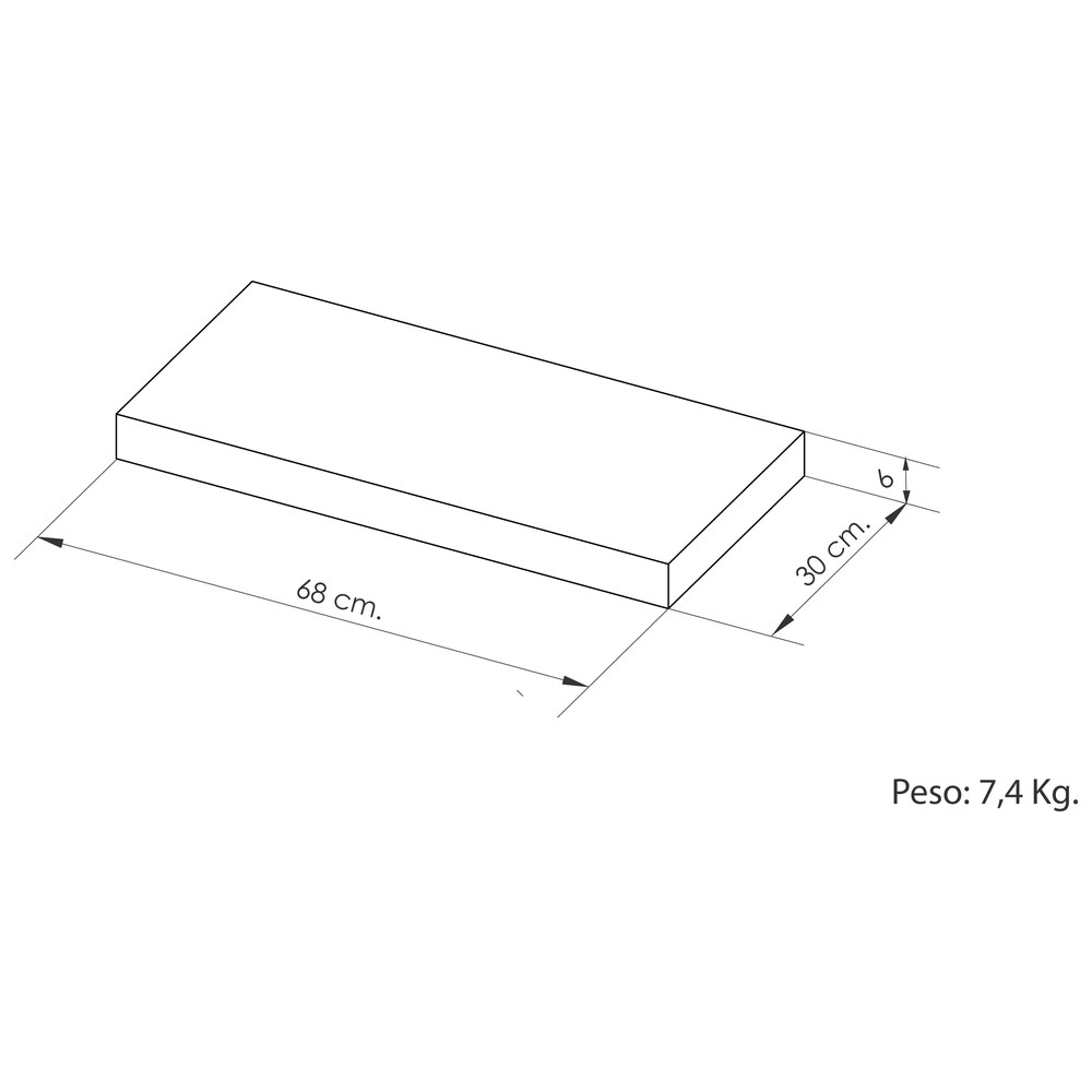 Plano del bulto: caja de 68 × 30 × 6 cm, 7,4 kg