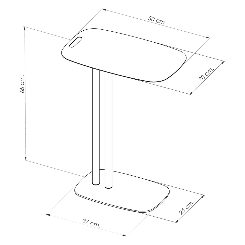 Plano acotado de la mesita de arrime multiuso: tapa 50 × 30 cm, alto 66 cm, base 37 × 25 cm