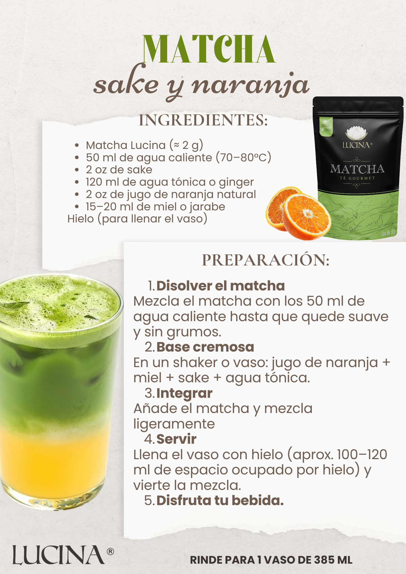 Recetario Lucina 2026 Matcha Sake y naranja