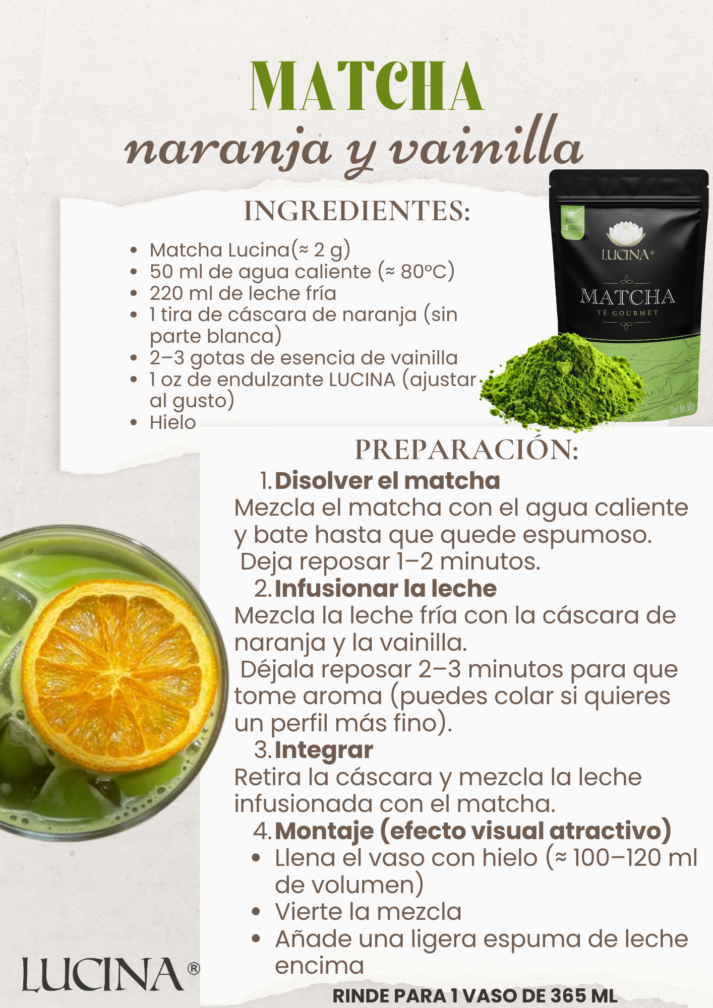 Recetario Lucina 2026 Matcha naranja y vainilla