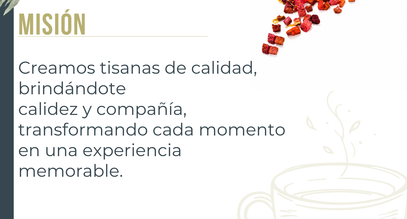 Creamos tisanas de calidad, brindándote calidez y compañía, transformando cada momento en una experiencia memorable.