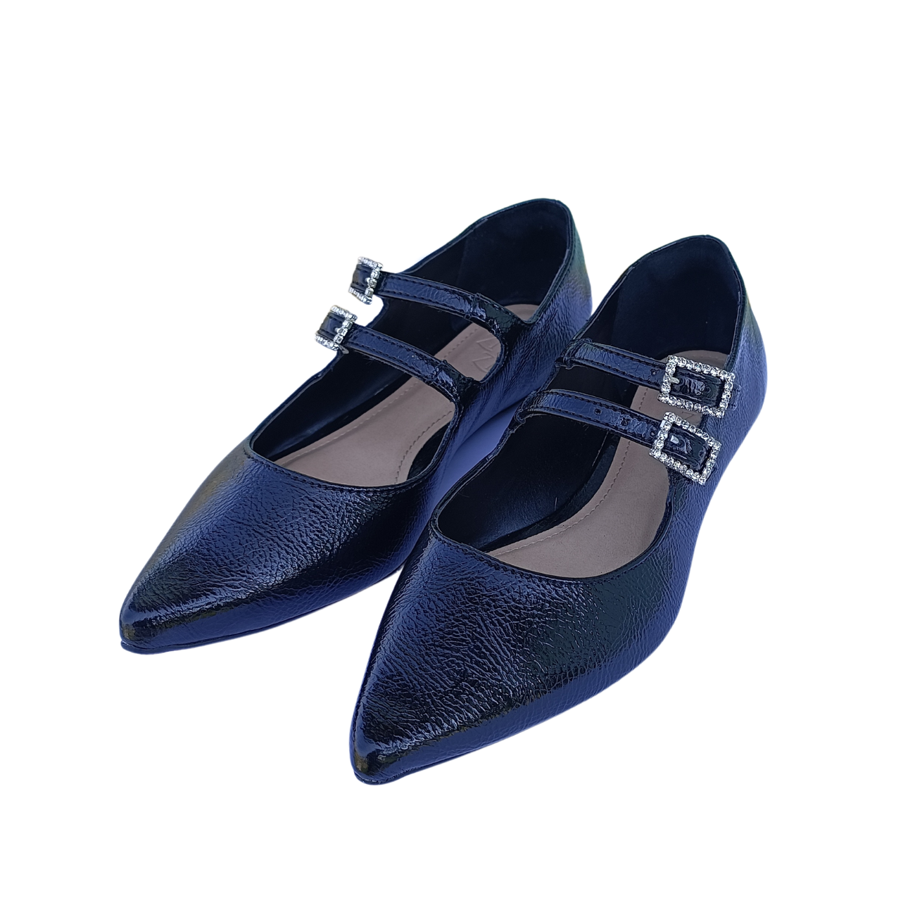 Sapatilha preta envernizada feminina com detalhes em brilho