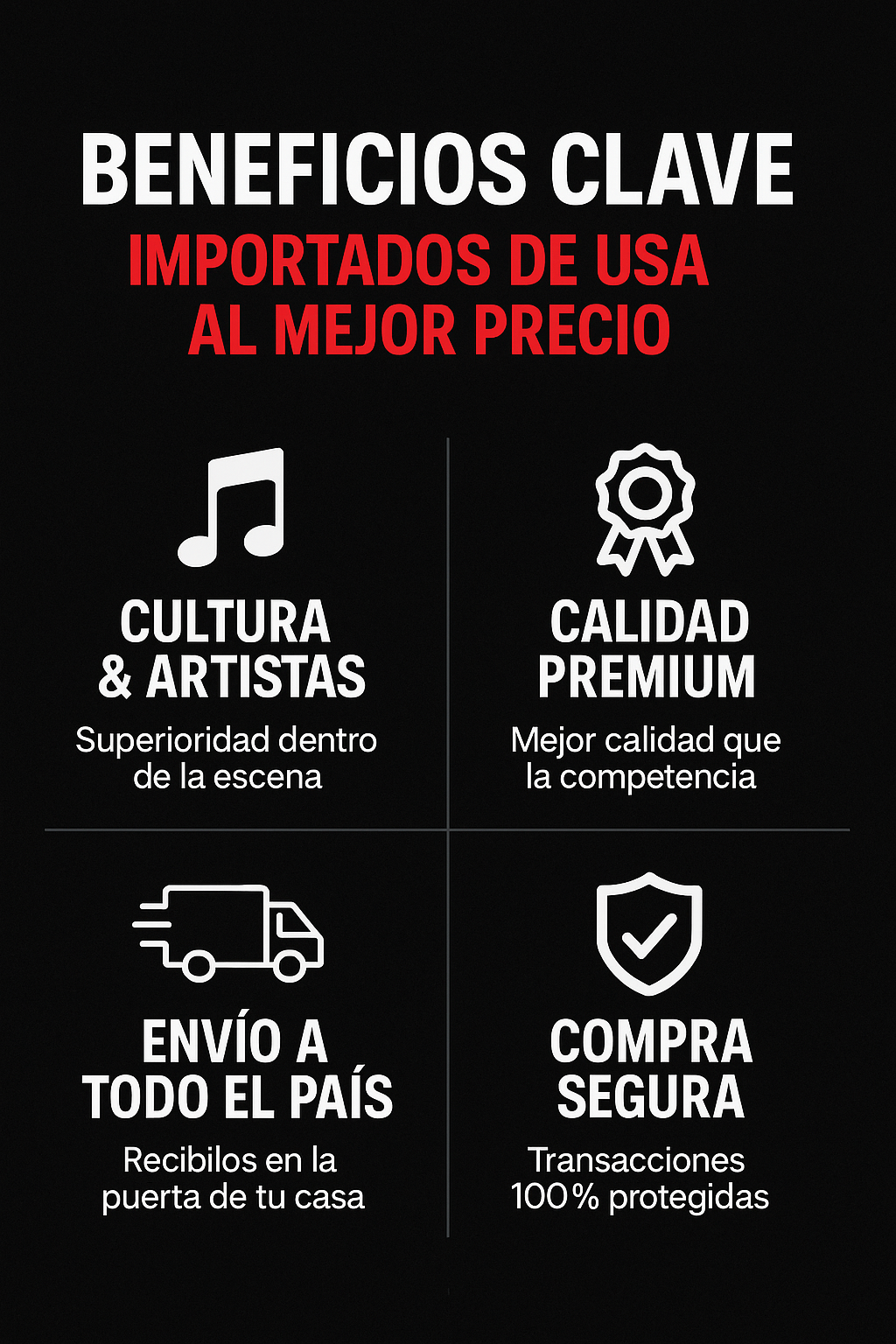 Beneficios TRISE: importación USA, calidad superior, envío país, compra segura