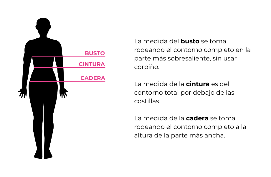 Guía de talles para mujer con medidas de busto, cintura y cadera en centímetros.