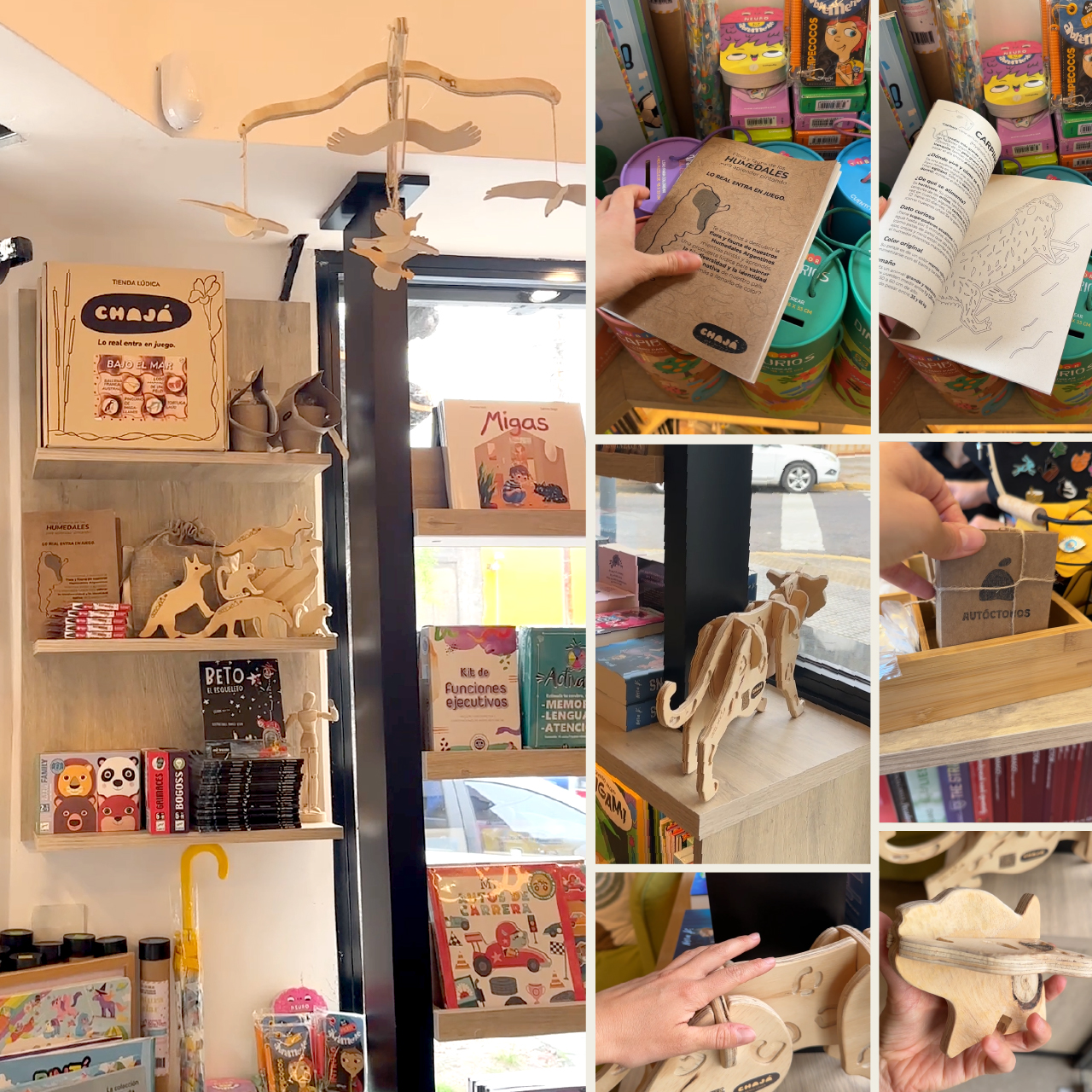 Exhibición de juegos artesanales Chajá en estanterías de la tienda librería Cubiko: puzle de Yaguareté, móviles de madera y cuadernillo de Humedales.