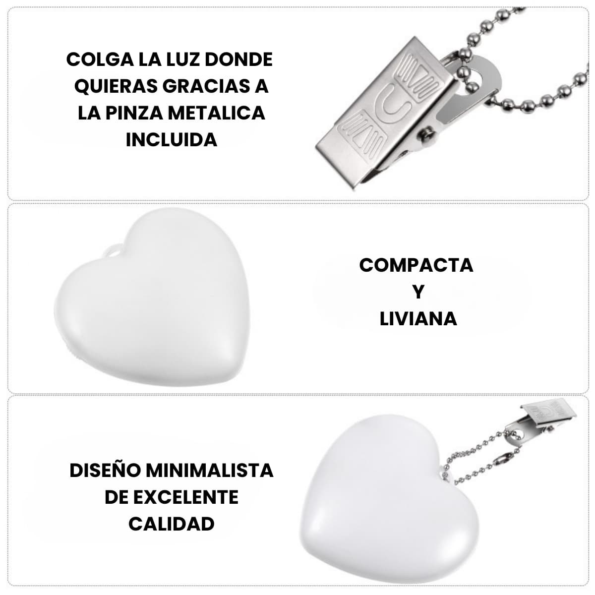 Detalle del clip gancho de la luz led para colgar en bolsos y carteras