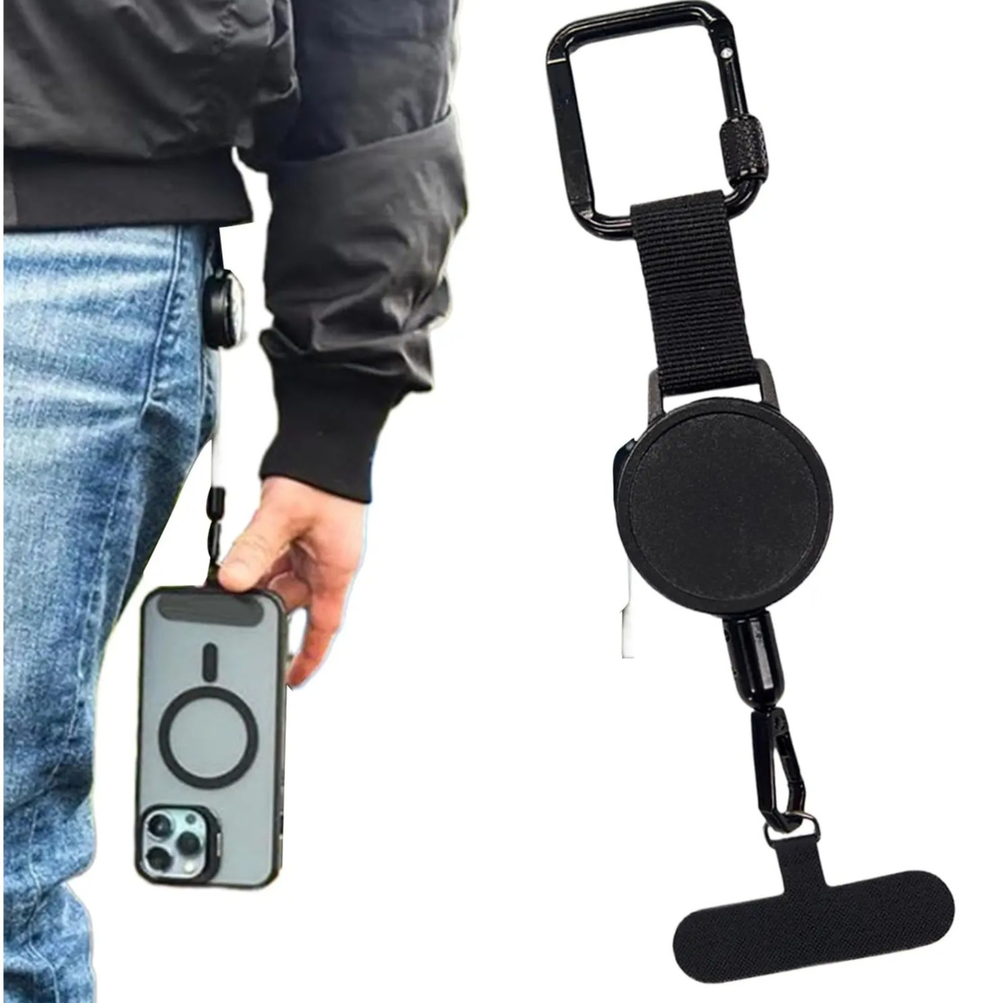 Correa antirrobo retr&aacute;ctil para celular con mosquet&oacute;n carabiner negro &ndash; vista completa del producto