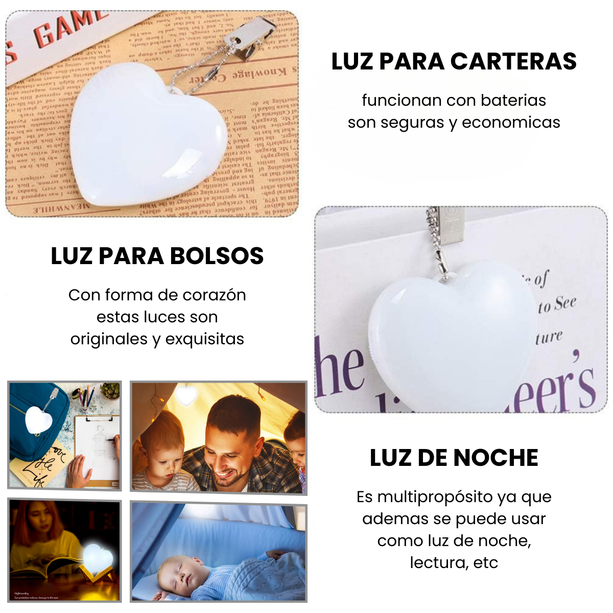 luz de carteras forma de corazon funciona a baterias, son seguras, economicas y originales, tiene otros usos como luz de lectura, de noche, etc.