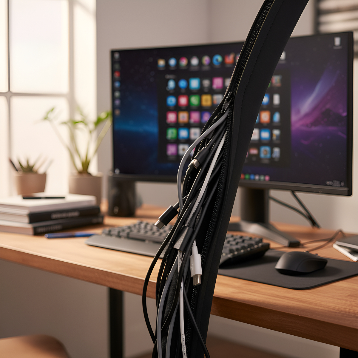 Funda de neoprene con cierre agrupando m&uacute;ltiples cables de corriente y datos para escritorio de oficina o centro de entretenimiento del hogar