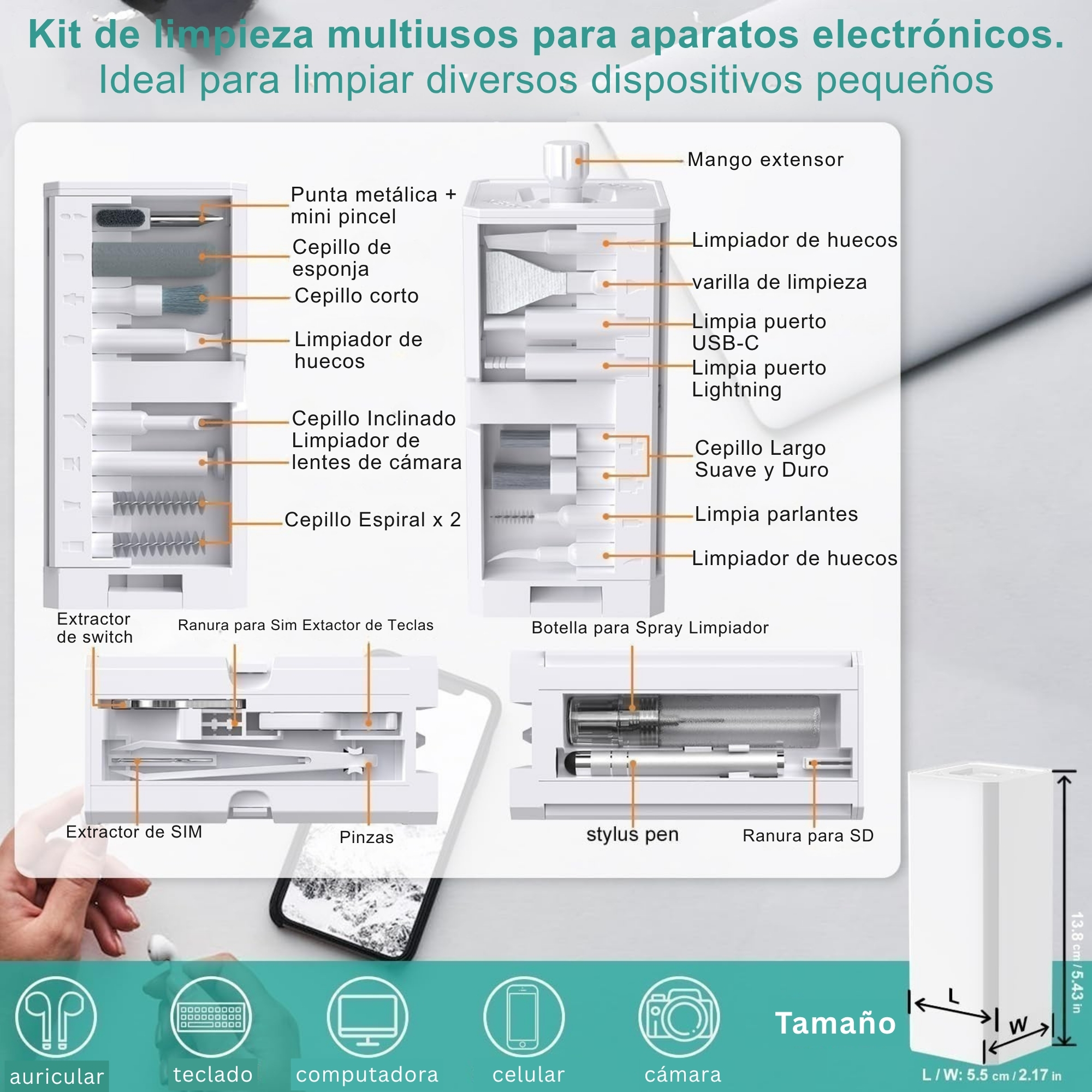 Kit de limpieza - componentes y accesorios detallados