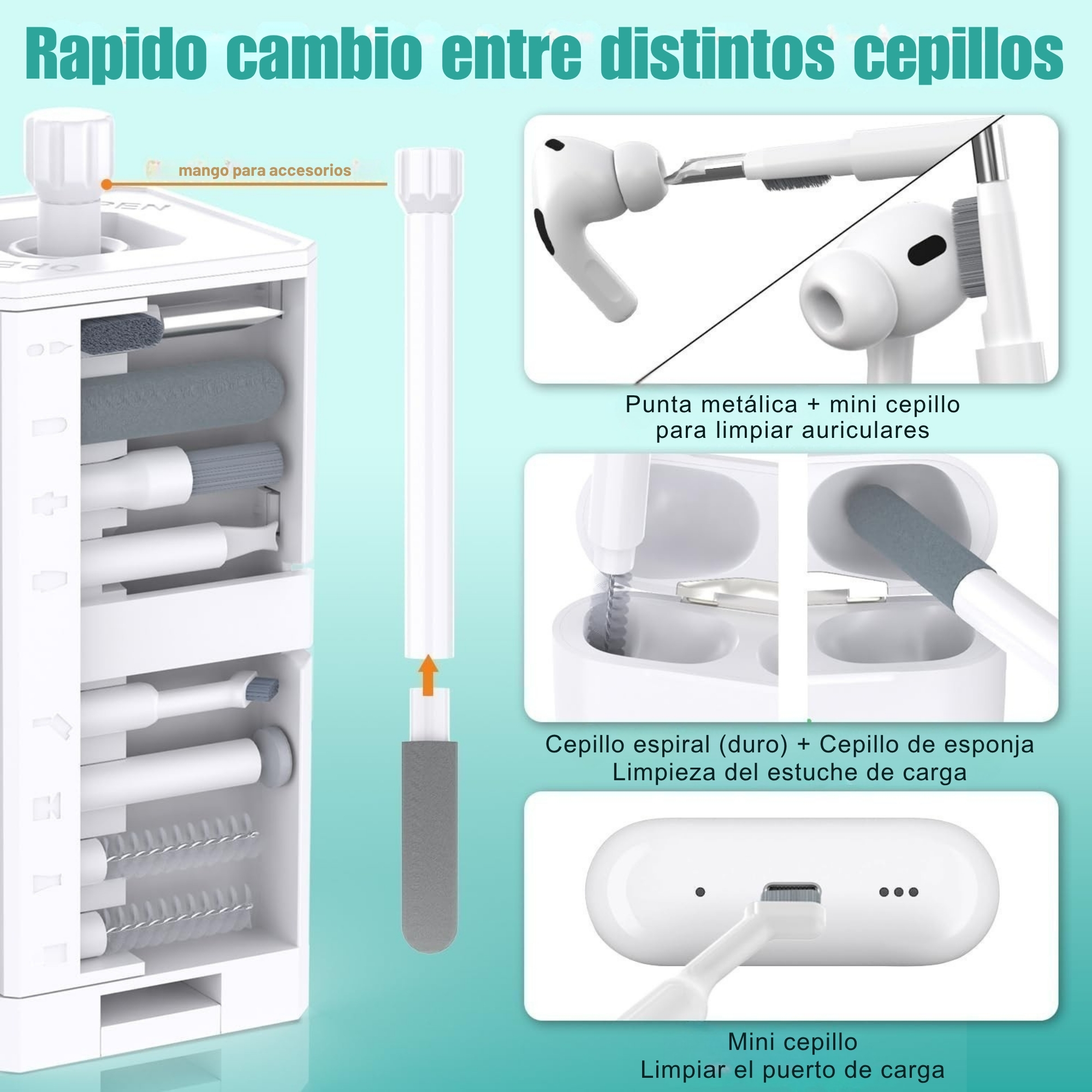 Limpieza de auriculares inal&aacute;mbricos AirPods con cepillo espiral y punta met&aacute;lica