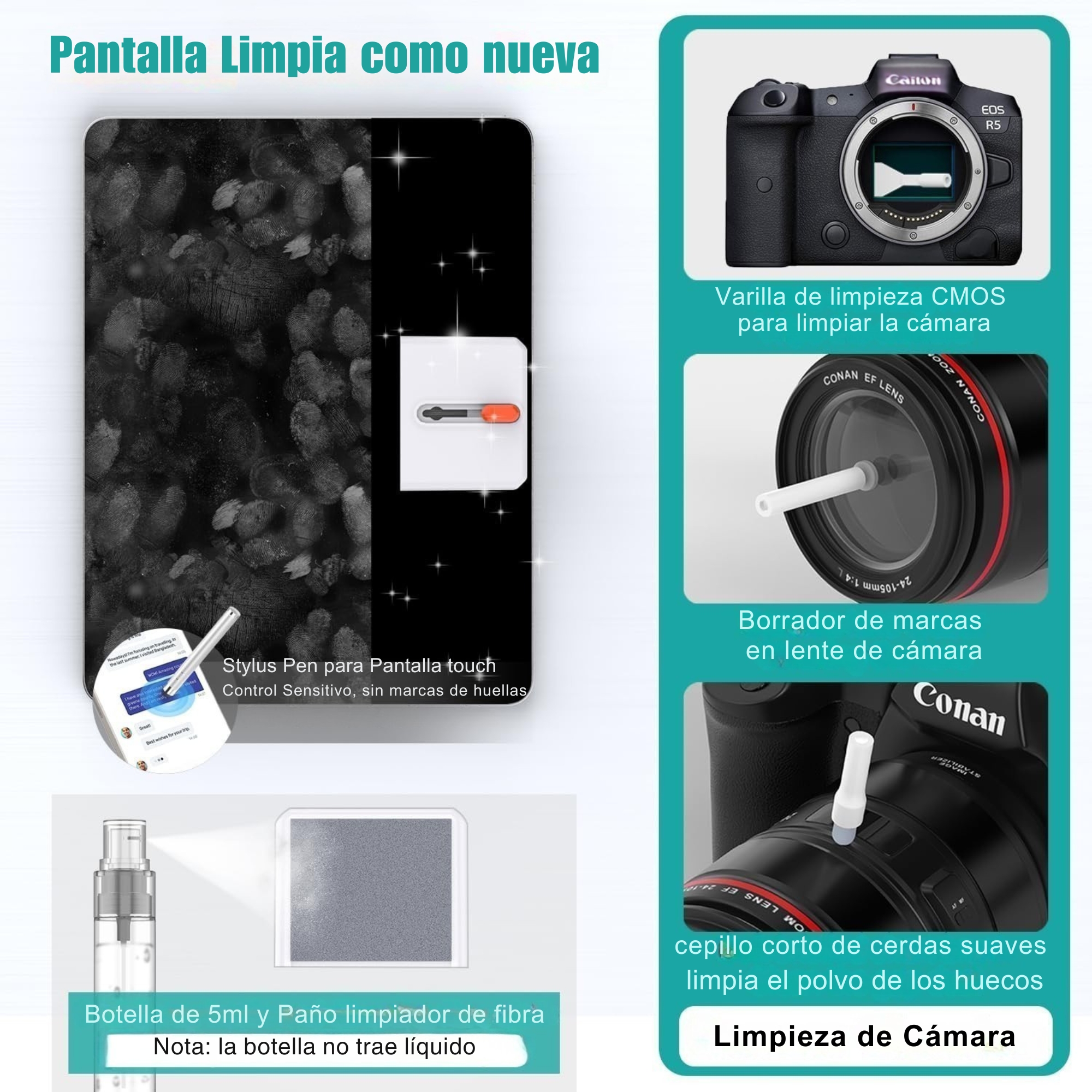 Limpieza de pantallas y c&aacute;maras: stylus pen, botella spray, varilla CMOS