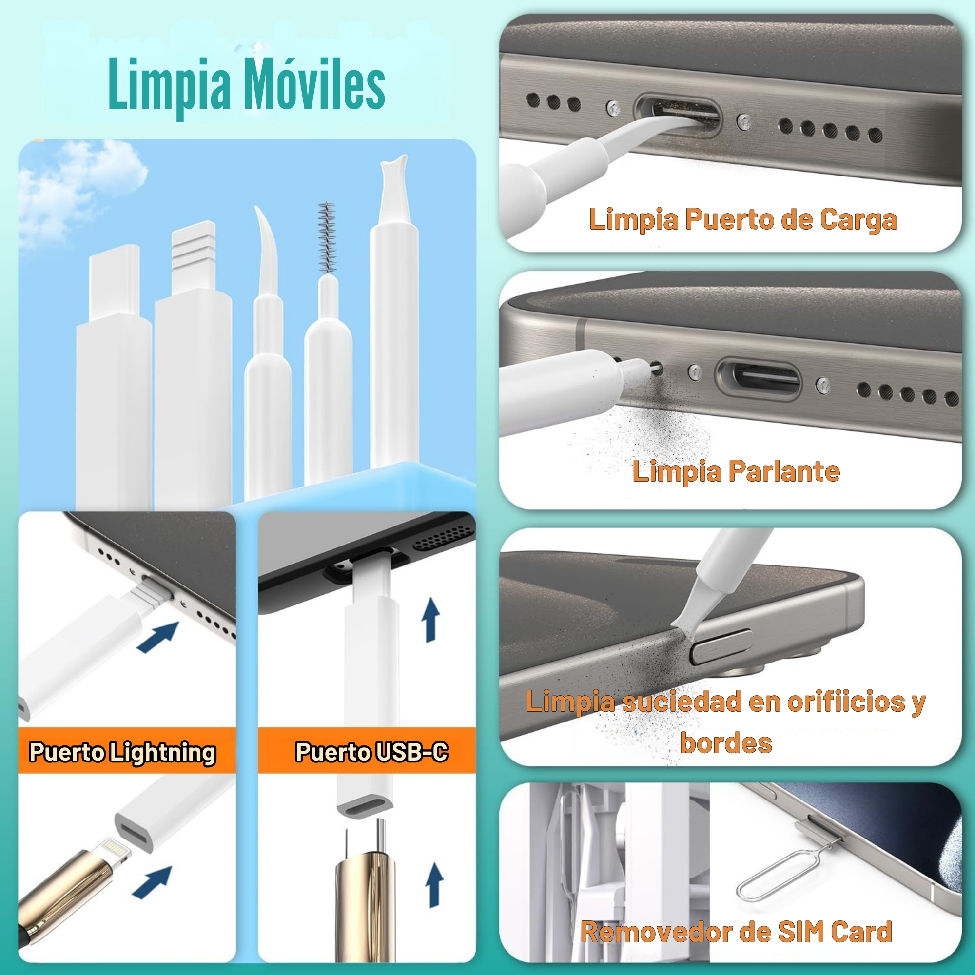 Limpieza de celulares: puerto de carga, parlante, puertos Lightning y USB-C