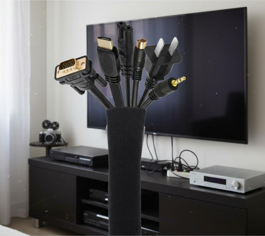 Organizador de cables ocultos detr&aacute;s de televisor y consola de videojuegos para mantener prolijo el centro de entretenimiento del hogar