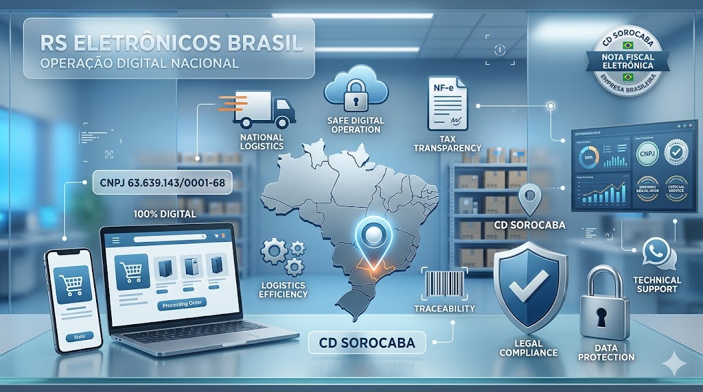 Banner institucional RS Eletrônicos Brasil detalhando operação 100% digital, Centro de Distribuição em Sorocaba SP, emissão de Nota Fiscal Eletrônica e conformidade legal CNPJ 63.639.143/0001-68.