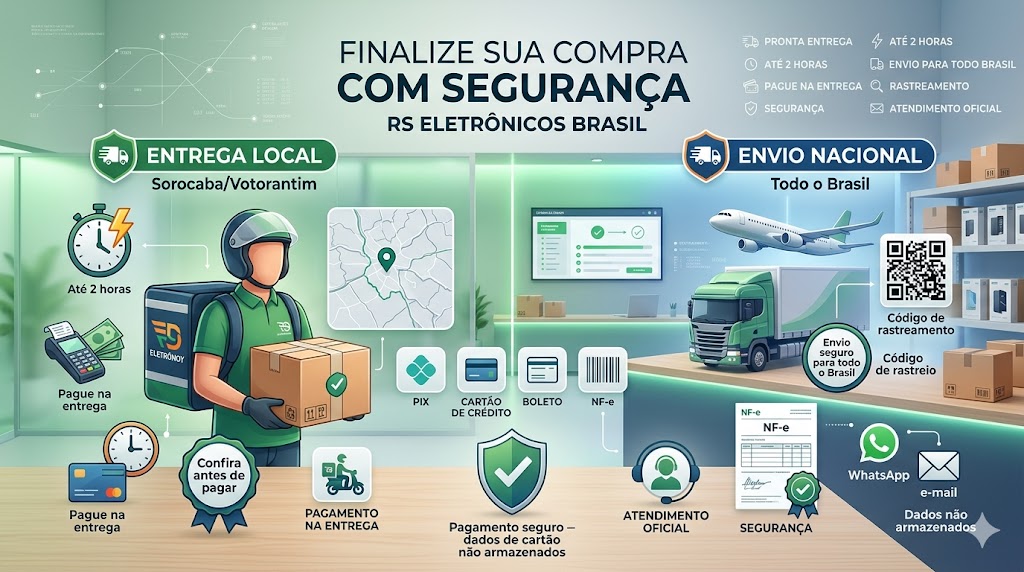 Banner de finalização de compra RS Eletrônicos Brasil com opções de entrega em 2h para Sorocaba e Votorantim, pagamento na entrega com conferência do produto, envio nacional com rastreamento e segurança no processamento de Pix e Cartão.