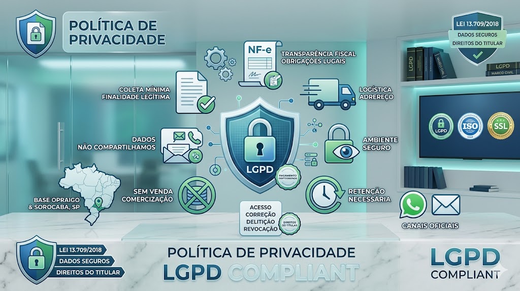 Banner de Política de Privacidade da RS Eletrónicos Brasil detalhando conformidade com a LGPD (Lei 13.709/2018), proteção de dados pessoais, não comercialização de informações e segurança no Centro de Distribuição em Sorocaba SP.