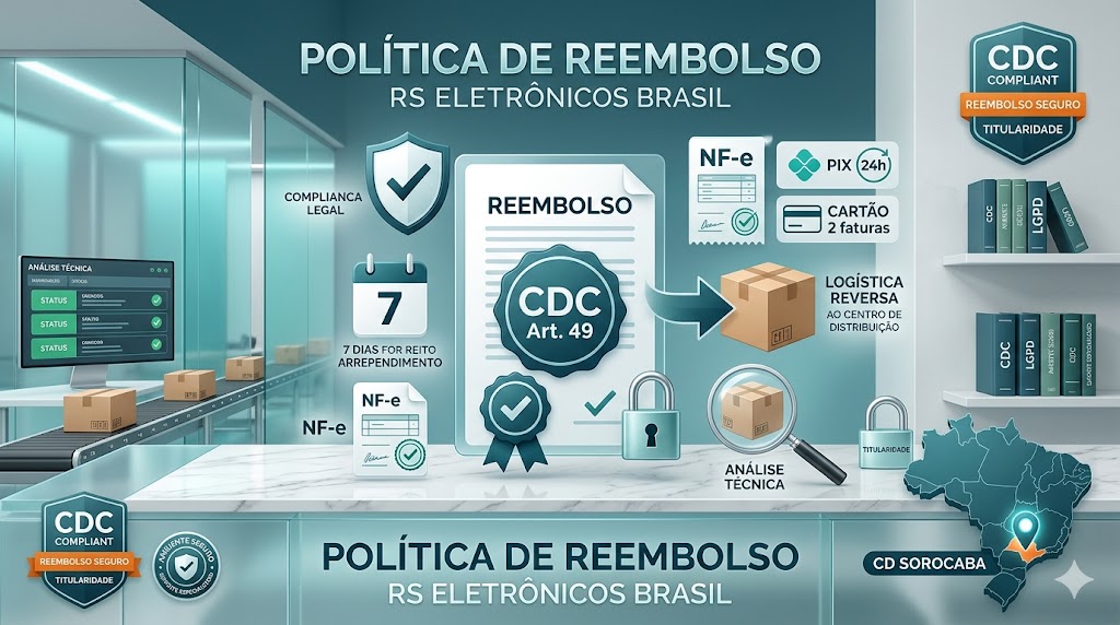 Banner de Política de Reembolso da RS Eletrônicos Brasil com destaque para Direito de Arrependimento de 7 dias (CDC Art. 49), reembolso em PIX 24h úteis, logística reversa para o CD em Sorocaba SP e garantia de titularidade.