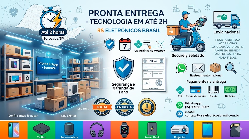 Banner de Pronta Entrega da RS Eletrónicos Brasil com tecnologia entregue em até 2 horas em Sorocaba SP, estoque local de Xiaomi e BTV, pagamento na entrega com Pix ou Cartão e Garantia de 1 ano.