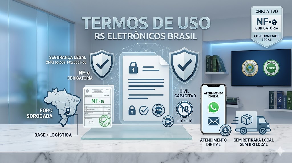 Banner de Termos de Uso da RS Eletrônicos Brasil detalhando segurança jurídica, conformidade LGPD, CNPJ 63.639.143/0001-68, emissão de Nota Fiscal Eletrônica e foro em Sorocaba SP.