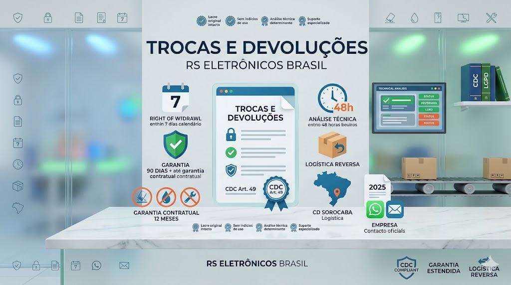 Banner de Política de Trocas e Devoluções da RS Eletrónicos Brasil detalhando Direito de Arrependimento de 7 dias, Garantia Legal de 90 dias, Garantia Contratual até 12 meses, Análise Técnica em 48h e exclusões de danos físicos ou líquidos conforme o CDC.