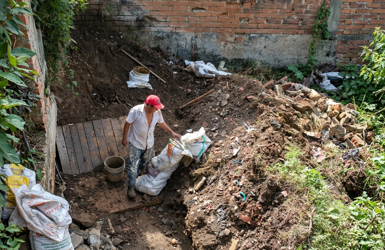Operario de Gil Escombros realizando el acopio y empaque de residuos de construcción en bultos dentro de una obra.