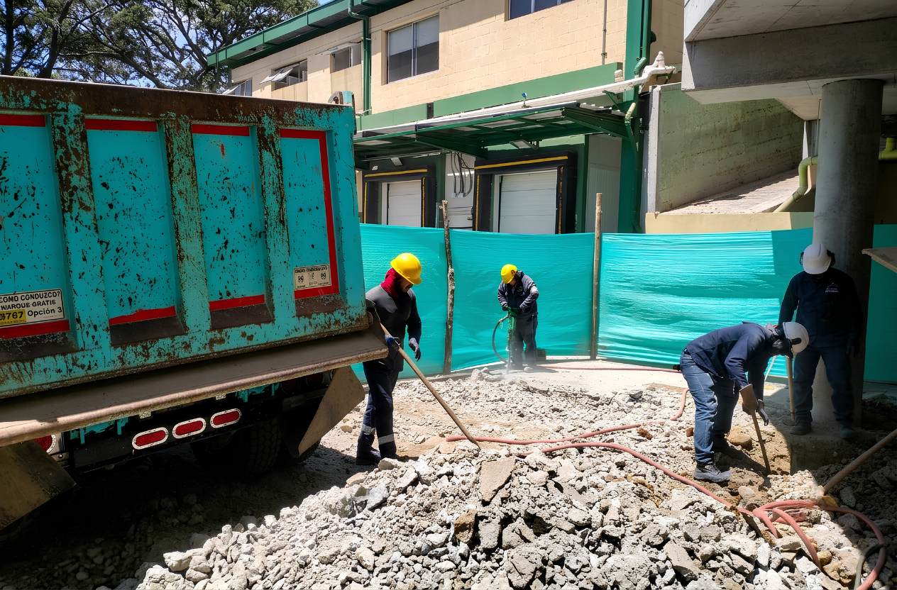 Operarios con equipo de seguridad cargando escombros a volqueta turquesa en obra de Bello