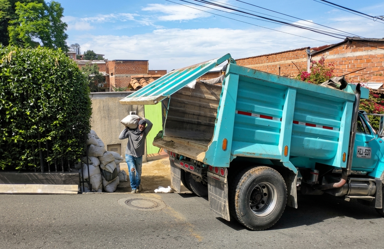 Operario realizando el cargue manual de bultos de escombros hacia la volqueta para su evacuación inmediata.
