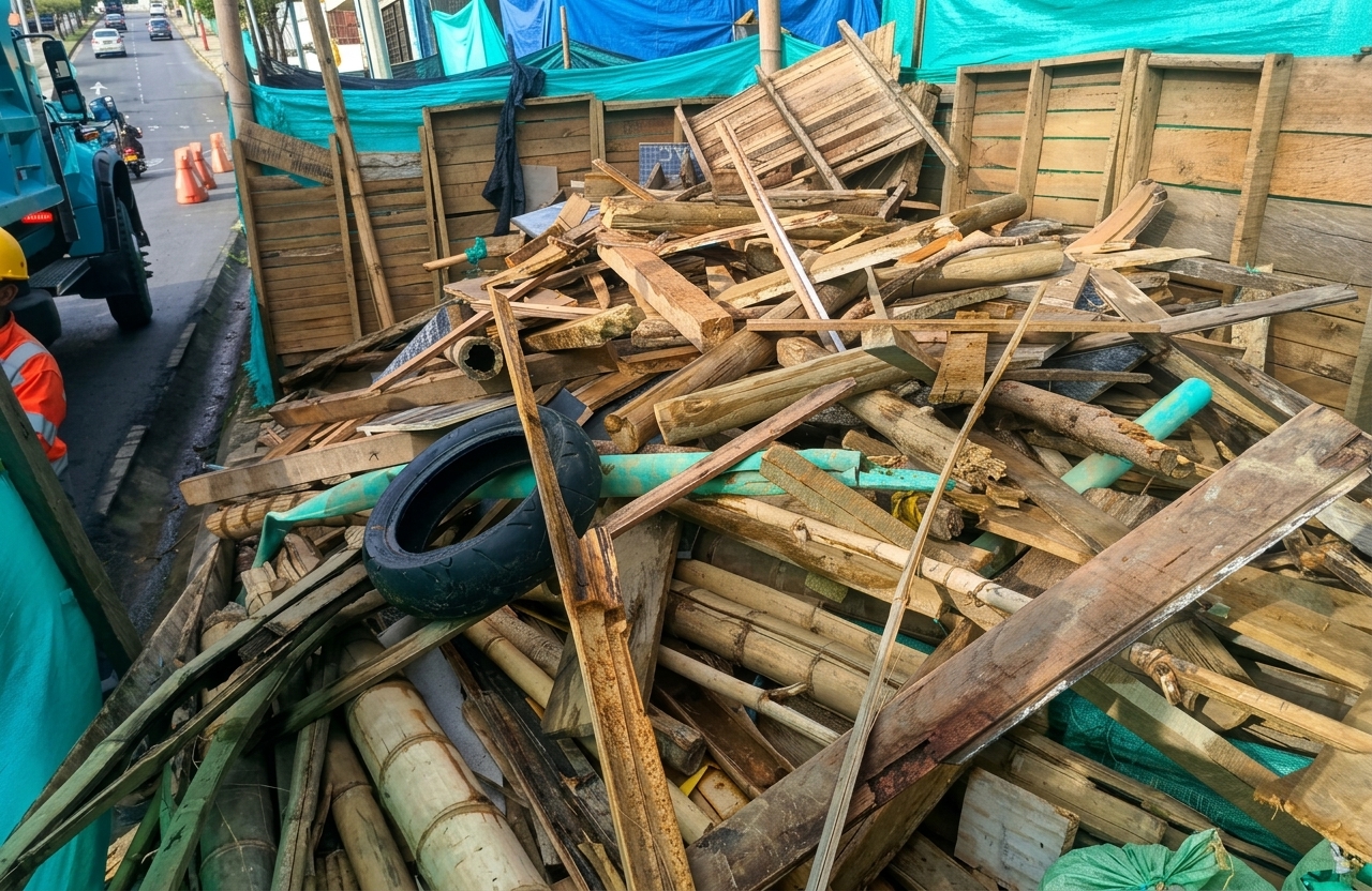 Operario de Gil Escombros Medellín acopiando y empacando residuos de construcción en bultos para su retiro.