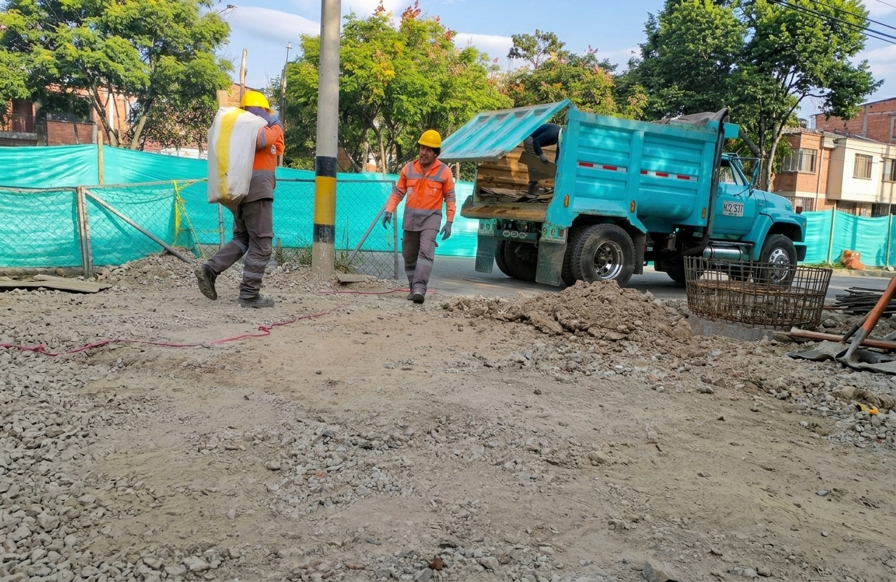 Obrero de Gil Escombros Medellín (GEM) organizando bultos de escombros y madera en una obra civil en Medellín.