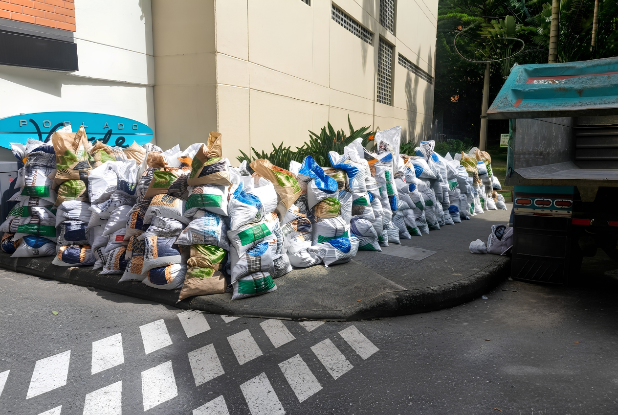 Bultos de escombros organizados para recoleccion por volqueta de Gil Escombros Medellin en el Poblado