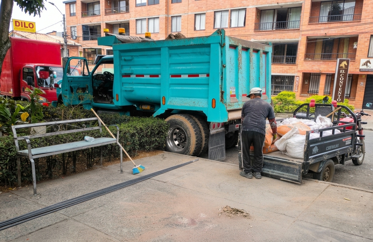 Volqueta de Gil Escombros realizando cargue y recolección de residuos de construcción RCD en la Unidad Residencial San Francisco 2 en Bello.