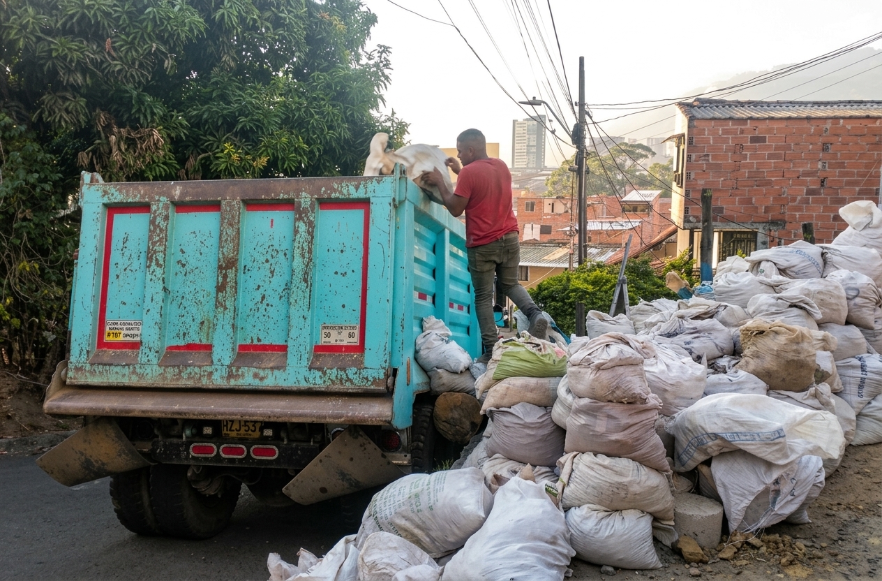 Operativo de cargue y recolección de escombros en volqueta realizado por Gil Escombros en el municipio de Itagüí.