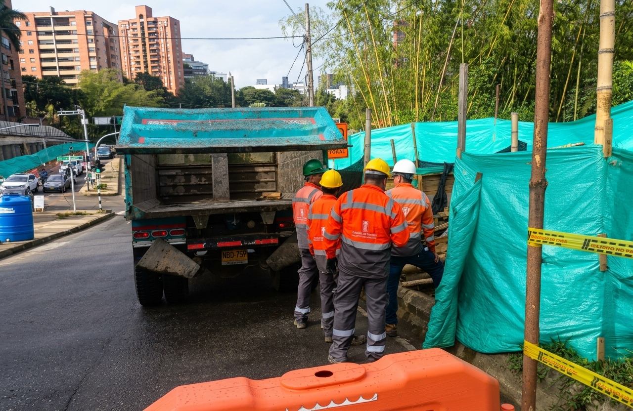 Operario de Gil Escombros Medellín cargando manualmente un bulto de escombros hacia una volqueta para su evacuación.
