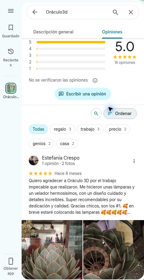 Captura de la reseña de Estefania Crespo en Google Maps para Oráculo3D