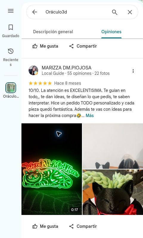 Captura de la reseña de Marizza en Google Maps para Oráculo3D