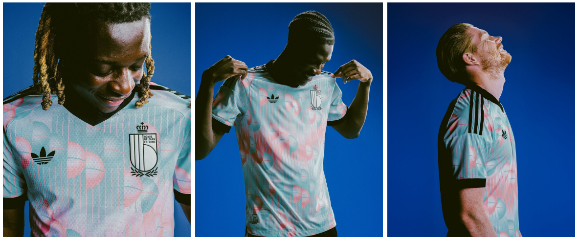 Detalhes camisa B&eacute;lgica 2026 azul rosa Adidas