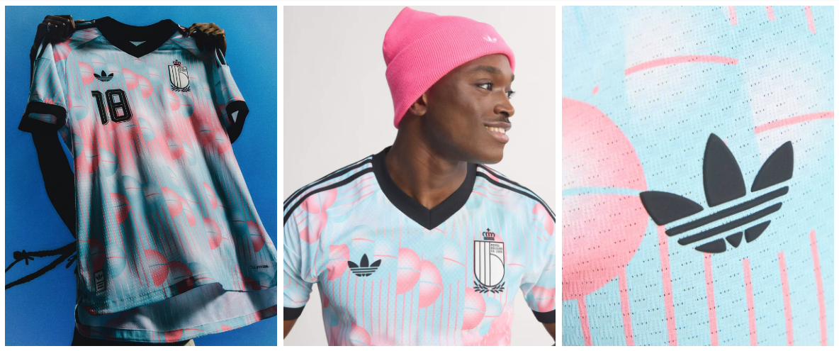 Camisa B&eacute;lgica Away 2026 azul e rosa Adidas