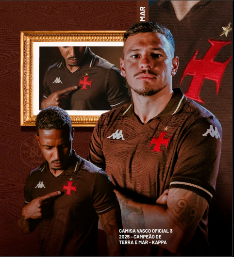 Camisa Vasco III 2025/26 Kappa preta com faixa dourada