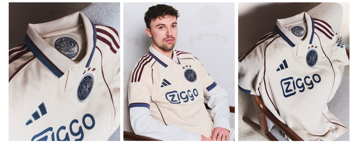 Camisa Ajax Third 2025/26 detalhe gola ou verso bege